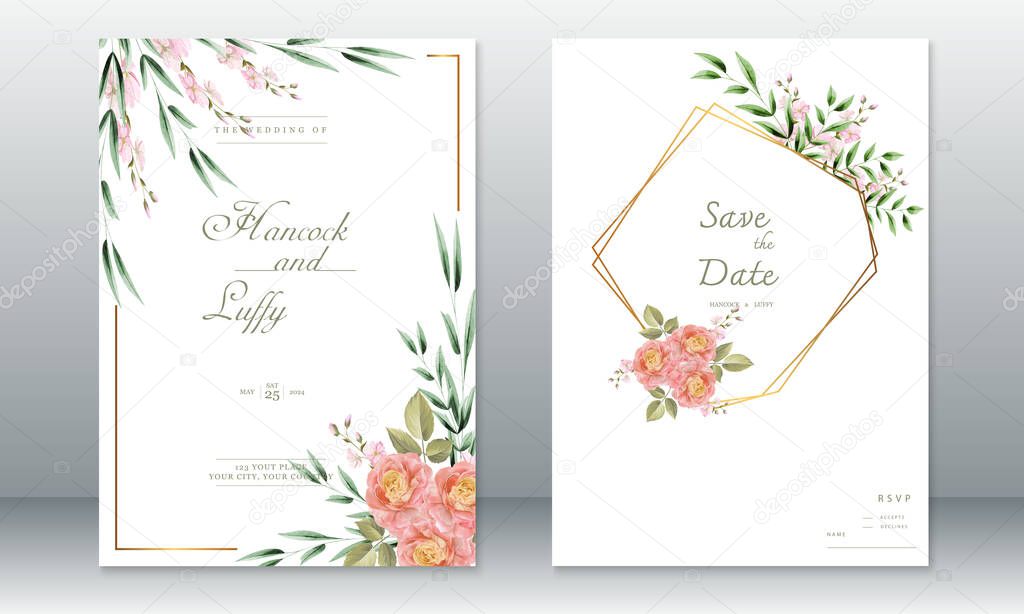  Elegant wedding invitation card template. Beautiful background with watercolor floral and green leaves