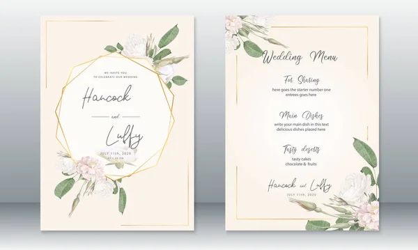 Luxus Hochzeitseinladungskarte Vorlage Mit Goldenem Rahmen Und Aquarell Rosenstrauß — Stockvektor