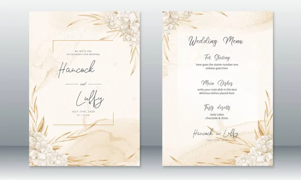 Luxus Hochzeitseinladungskarte Vorlage Mit Rosenstrauß Aquarell Gold Hintergrund — Stockvektor