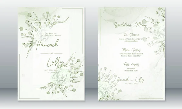 有玫瑰花束和绿色背景的婚礼请柬模板 — 图库矢量图片