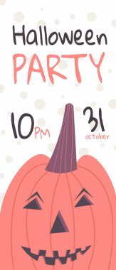  Cadılar Bayramı için tasarladığın tasarım için gülümseyen turuncu balkabağı. Geleneksel Dekorasyon Kartı Düz Vektör İllüstrasyonu. Mutlu Cadılar Bayramı mektupları. Pankart, poster, tebrik kartı, parti davetiyesi için tatil el yazısı. Cadılar Bayramı partisi