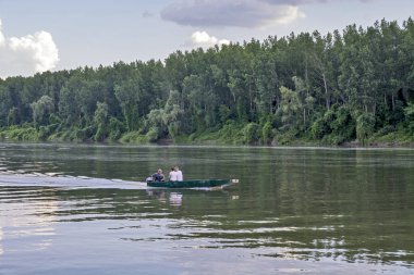 Tisa Nehri, Sırbistan, 07 Haziran 2020. Nehrin ortasında eski bir balıkçı teknesiyle gezmek. Tekne nehrin bir kıyısından diğerine gitmek için kullanılır..
