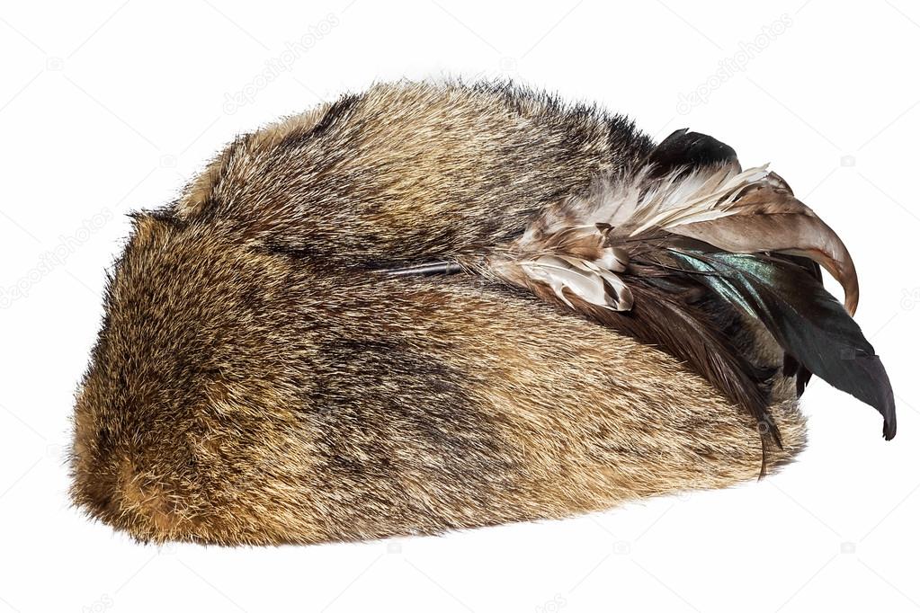 Fur hat with feathers