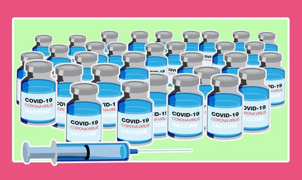Coronavirus Vaccine Vector Background ,Covid-19 Coronavirus Vaccination With Vaccine Bottle And Syringe Injection Tool, Vector Illustration, No People, Virus Protection Concept.