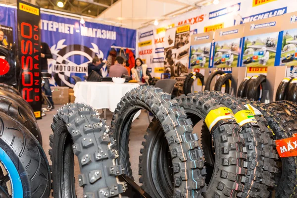 Motopark-2015 (BikePark-2015). The exhibition stand of online store of Moto tires. — Stock Photo, Image