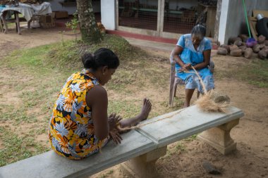 Kadınlar Hindistan cevizi kabuğu ipten örgü.