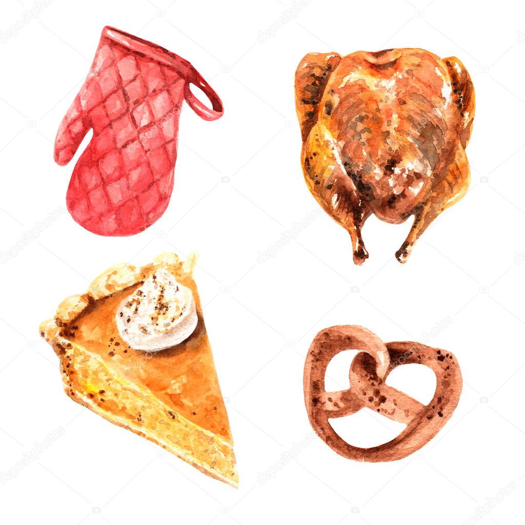 Watercolor Thanksgiving clipart of turkey, piece of pumpkin pie, pretzel & oven glove. Traditional set for autumn holidays, stickers, food blog, print, recipe cards, bakery shop, labels, greetings 