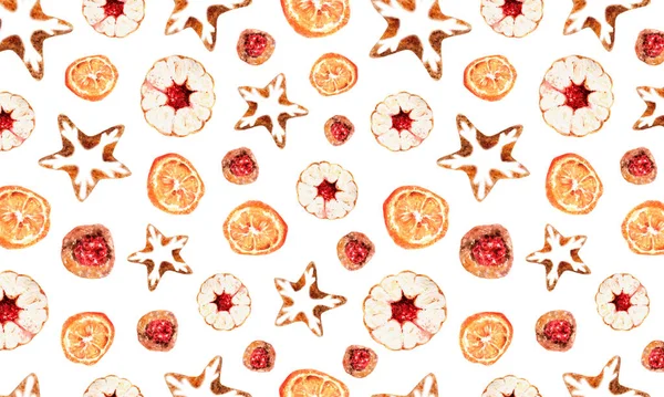 크리스마스의 패턴은 수채화로 그려졌습니다 생강빵과 유약이 들어간 오렌지 계절적 직물인 — 스톡 사진