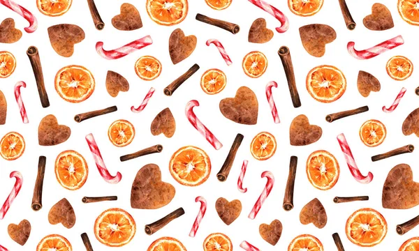 크리스마스의 패턴은 수채화로 그려졌습니다 생강빵 사탕수수 오렌지 계절적 직물인 — 스톡 사진