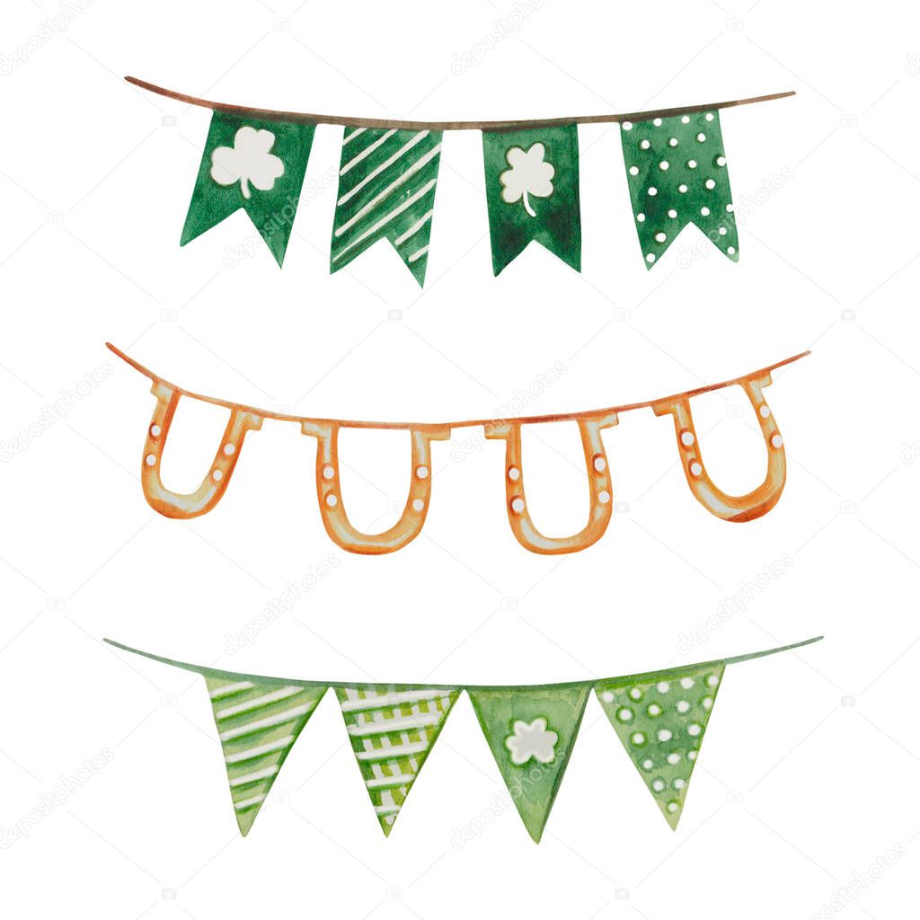 Watercolor set of party garlands, with horseshoes, shamrock, hanging flags. For prints, stickers, St.Patrick's day invites, washi tape, scrapbooking, stationery, postcards, flyers, festive decorations
