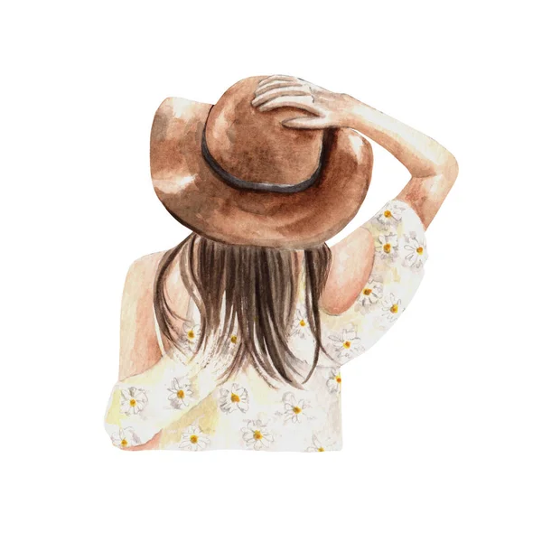 Illustrazione Acquerello Della Ragazza Che Prende Sole Cappello Spiaggia Camicetta — Foto Stock