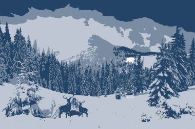 Ticari kullanım için manzara. Renkler, mavi, gri, beyaz, açık mavi. Nesne de buna dahil. Dağlar, orman, geyik, kar, gökyüzü. Boyutu büyük..