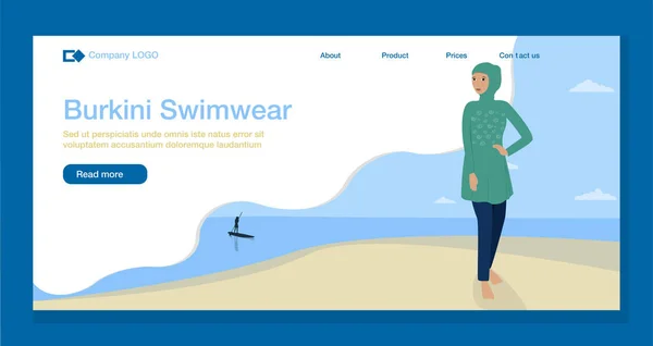 穆斯林妇女穿着伯基尼站在海滨。展示女性民族服装的模型。登陆页面模板。平面样式的可爱矢量插图. — 图库矢量图片