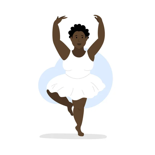 Afrikansk amerikansk ballerina. Dansande kvinna plus storlek. Isolerad tecknad karaktär i dynamisk. Svart hud mänsklig dans klassisk balett. — Stock vektor