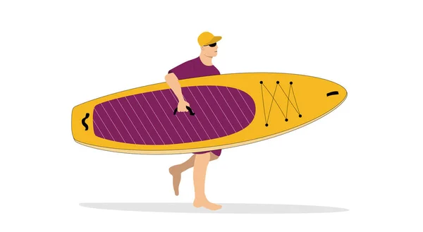 El hombre trae la tabla de sup. Concepto marino de verano. Ilustración mínima para landing page o diseño publicitario — Vector de stock