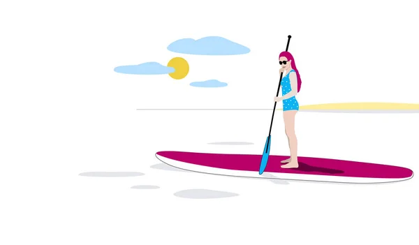 Mujer de pie sobre tabla de remo flotando en el mar. Concepto de paisaje marino de verano. Ilustración mínima para landing page o diseño publicitario — Vector de stock