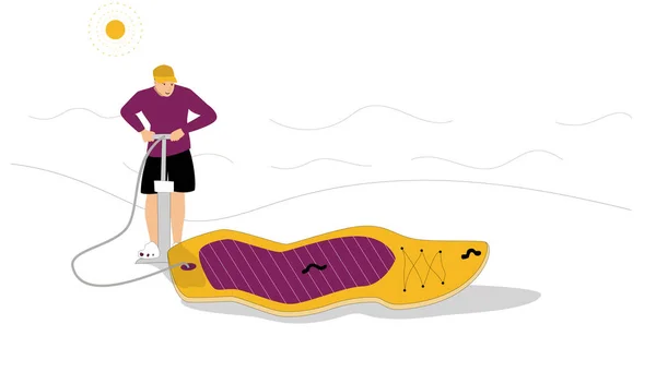 El hombre infla la tabla de sup. Concepto marino de verano. Ilustración mínima para landing page o diseño publicitario — Vector de stock