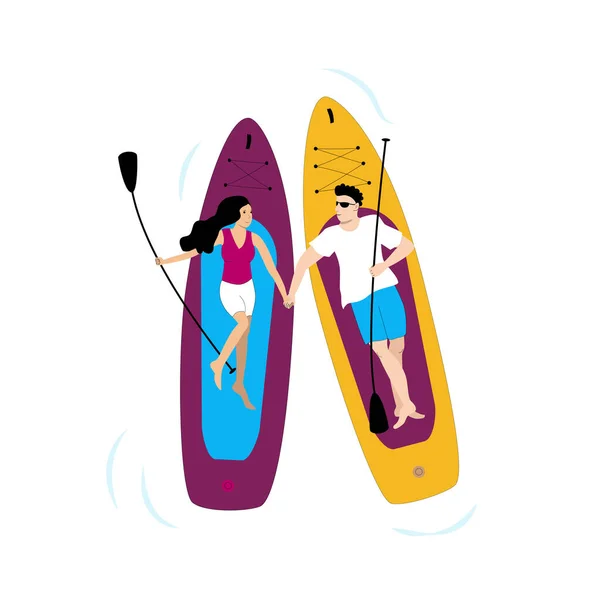 Pareja joven hombre y mujer acostados en tablas de paddle y sosteniendo sus manos. Ilustración escena romántica. — Vector de stock