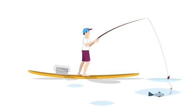 Guy fishing standing on sup board. Landing page illustration — Vector de stock