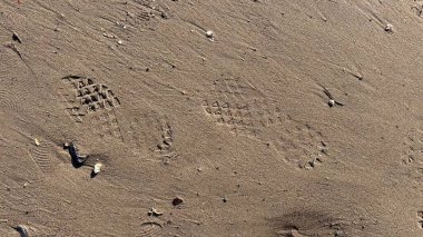 Islak kum yüzeyinde bir çift ayak izi. Gün batımında kumsal arka planı. Yüksek kalite fotoğraf