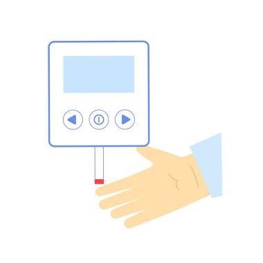 Elektronik glukometre ve kan şekerini analiz eden insan eli. Vektör illüstrasyonu