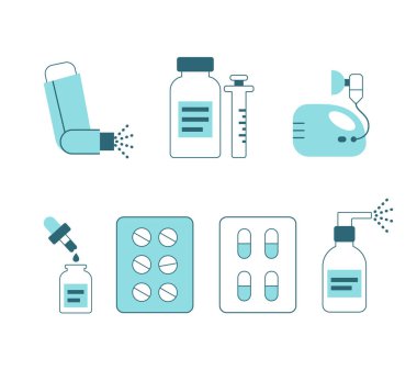 Solunum hastalıklarının tedavi yöntemlerini gösteren renkli bir takım medikal resimler. Vektör illüstrasyonu