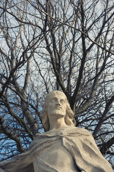 Heykelin madrid retiro'nın parkta çıplak ağaçların arkasında Görünümü Kapat — Stok fotoğraf