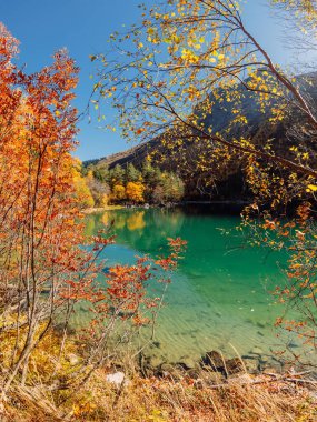 Dağ gölü, şeffaf su ve renkli sonbahar ağaçları. Dağlar ve göl