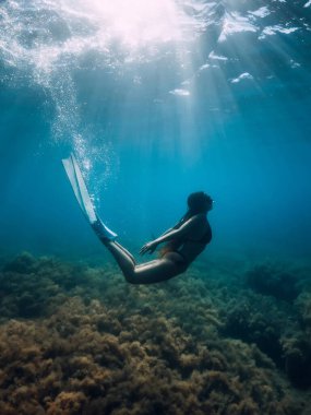 Beyaz yüzgeçli serbest dalgıç kadın inanılmaz güneş ışınlarıyla suyun altında süzülüyor. Okyanusta serbest dalış