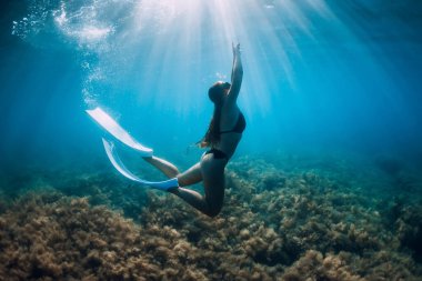 Beyaz yüzgeçli özgür bir kadın güneş ışınlarıyla deniz yosunlarının üzerinden süzülüyor. Okyanusta serbest dalış