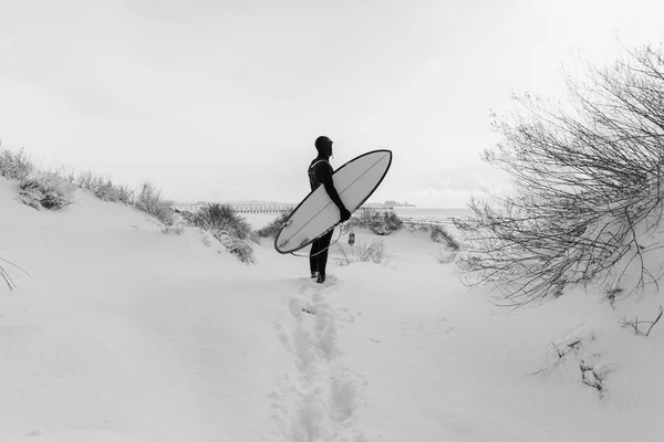 サーフボードと雪の冬とサーファー ウェットスーツの冬とサーファー — ストック写真