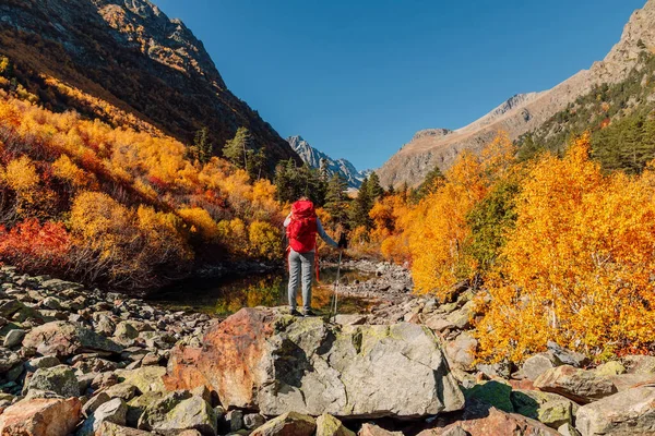 Hiker woman with backpack enjoying view in the autumnal mountains. Mountain and tourist