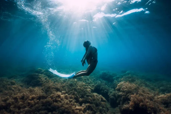 Freediver Młoda Kobieta Białymi Płetwami Ślizga Się Pod Morzem Promieni — Zdjęcie stockowe