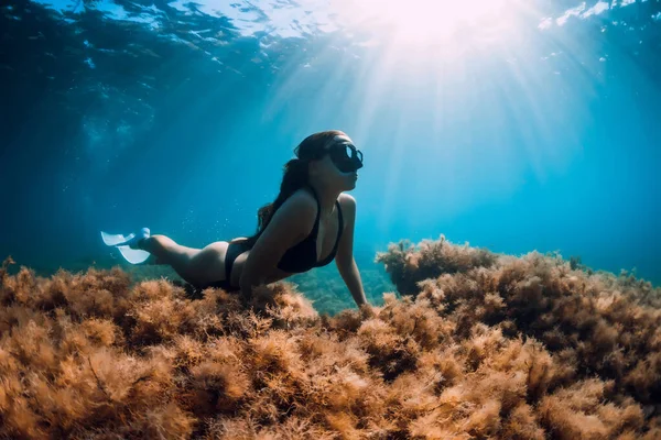 Freediver Girl White Fins Glides Rock Seaweed Sun Rays Freediving — Stock Photo, Image