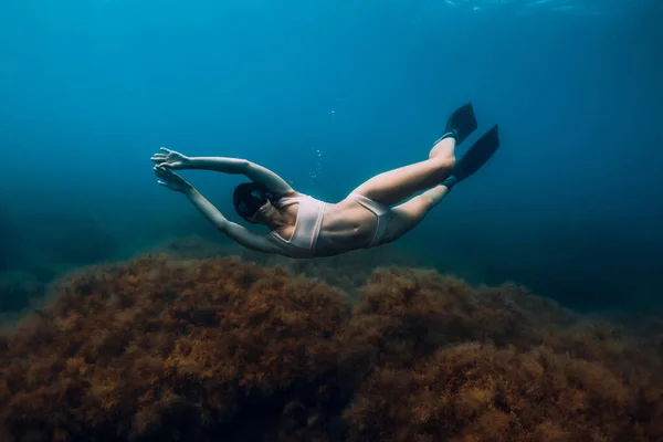 Mulher Livre Com Barbatanas Desliza Debaixo Água Mergulho Livre Subaquático — Fotografia de Stock