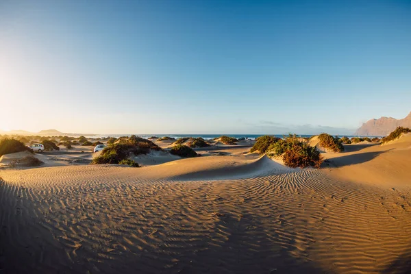 Písečné Duny Rostlinami Při Západu Slunce Pláži Famara Lanzarote — Stock fotografie