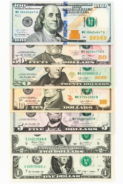 Amerikan doları. 1, 2, 5, 10, 20, 50 ve 100 dolarlık banknotlar..