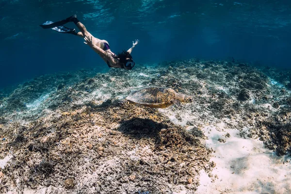 Freediver Mujer Desliza Bajo Agua Con Tortuga Océano Buceo Con — Foto de Stock