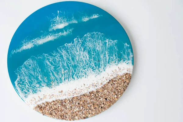 Pintura Arte Resina Redonda Com Ondas Azuis Oceano Praia Sobre — Fotografia de Stock