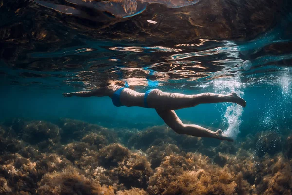 女性は透明海で海で泳ぐ 水中の景色 — ストック写真