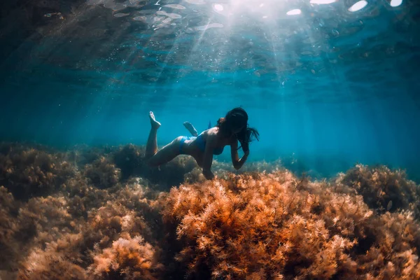 ダイビングマスクを持つ女性は 太陽光線と透明海の中で水中にポーズ — ストック写真