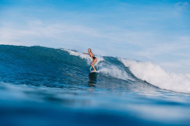 Mavi dalgada sörf tahtasında sörf yapan kız. Sörf yaparken okyanusta sportif bir kadın.