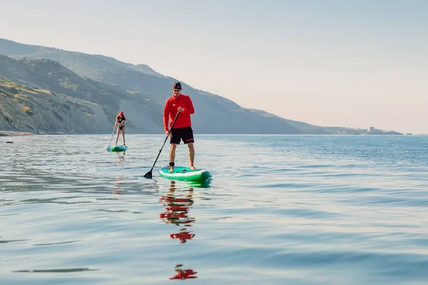 May 2021 Anapa Russia Sporty Couple Stand Paddle Board Blue — Stock Photo, Image