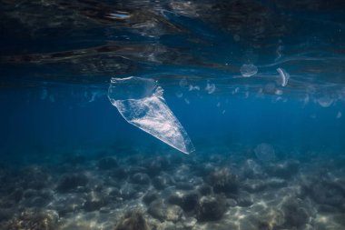 Deniz altı manzarası plastik torba ve çöp ile, ekolojik sorun