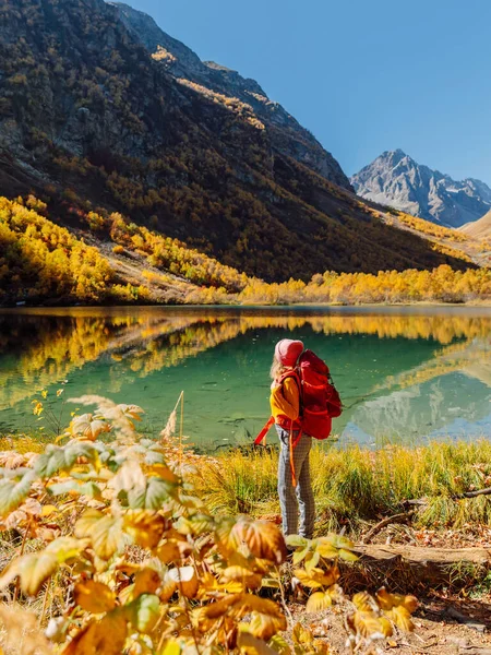 Hiker Happy Woman Nearly Crystal Lake Autumnal Mountains — Photo