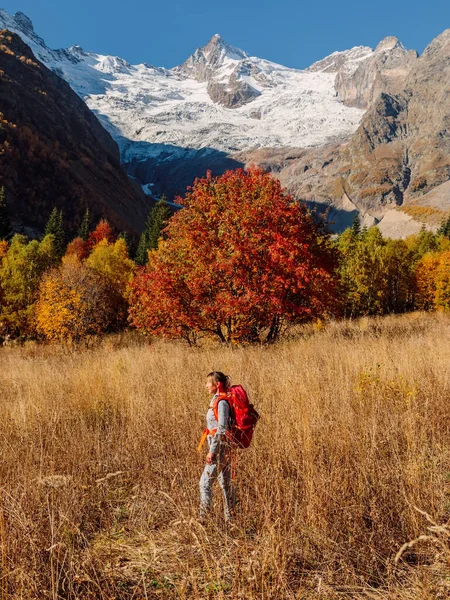 Mujer Excursionista Con Mochila Las Montañas Montaña Con Glaciar Turista —  Fotos de Stock