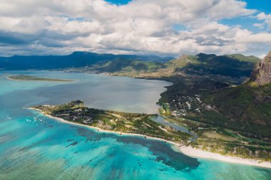 Tropical landscape with Le Morne mountain, ocean and beach at Mauritius island. Aerial view