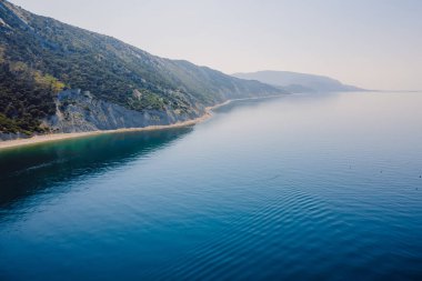 Deniz kıyısı ve ağaçlı en yüksek uçurum. Denizde bir yaz günü. Hava görünümü