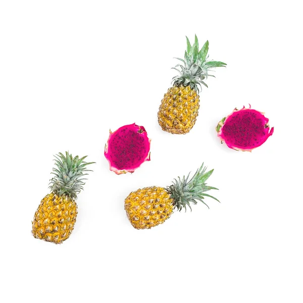 Fruit Composition Pineapple Dragon Fruit White Background Flat Lay Top — Stock Photo, Image