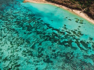 Bali 'de turkuaz okyanusu ve plajı olan güzel bir sahil şeridi. Hava görünümü